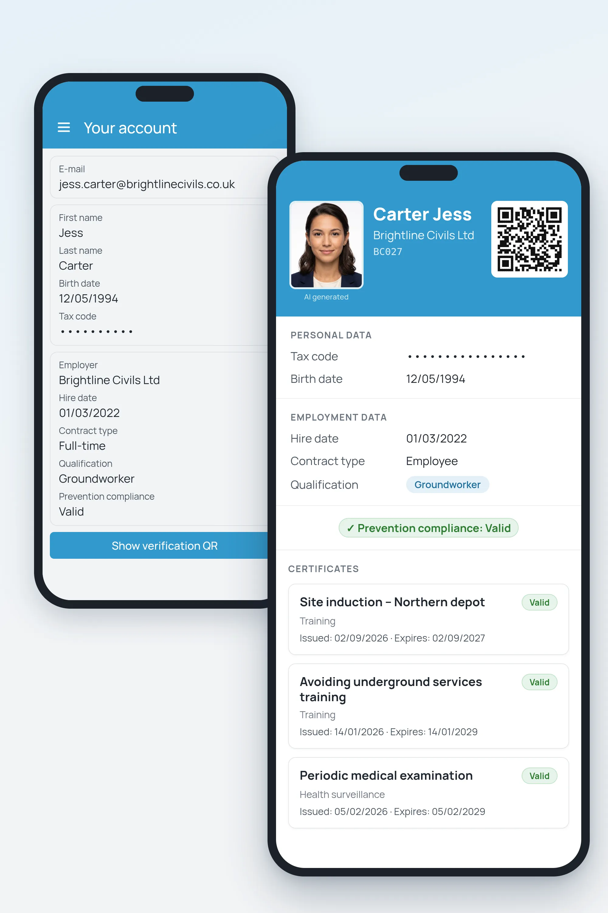 4HSE mobile app for a contractor worker: account data and verification card with qualification and valid certificates