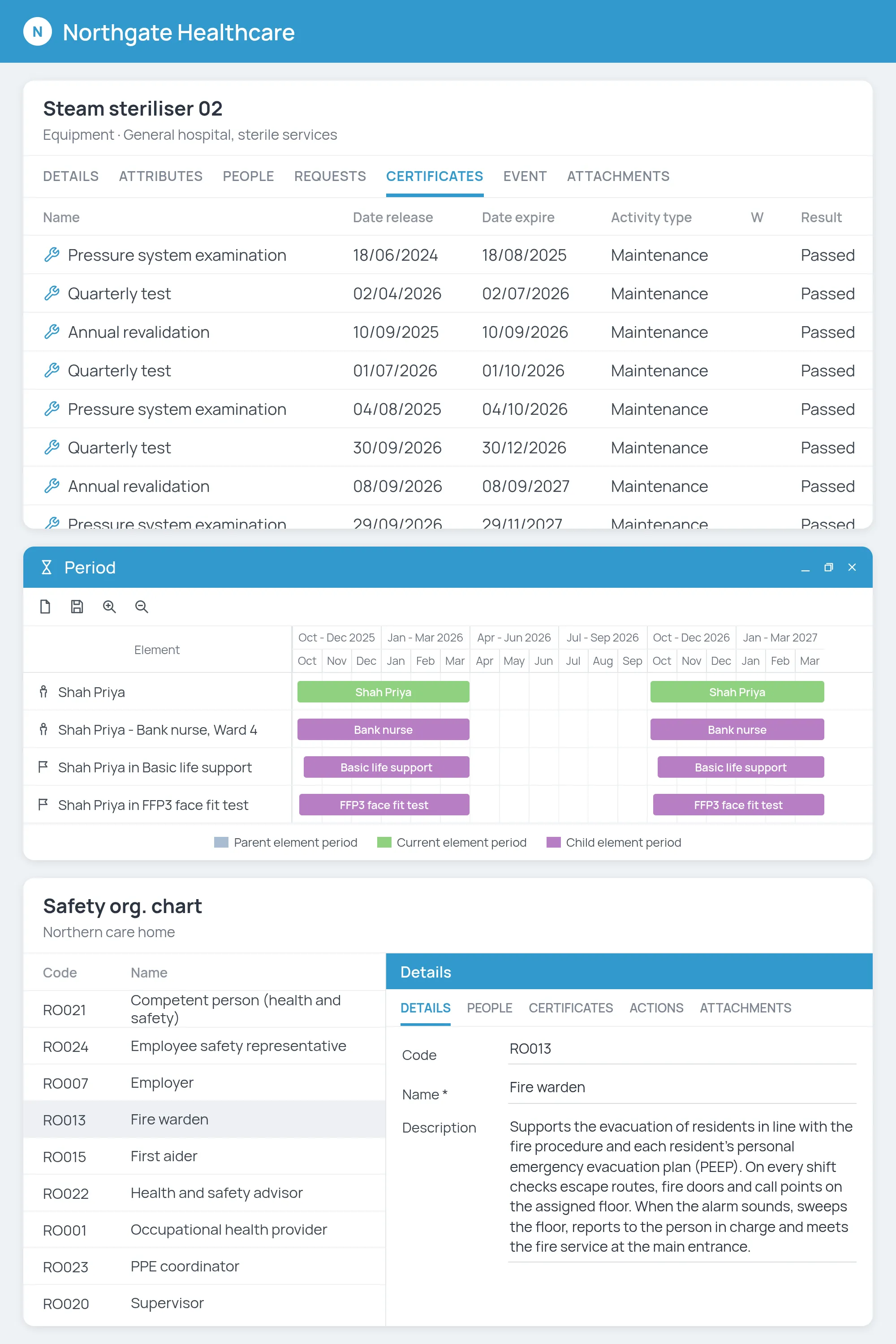 4HSE maintenance certificates of a steam sterilizer, activity periods of a bank nurse with her courses, and the safety org chart of a care home