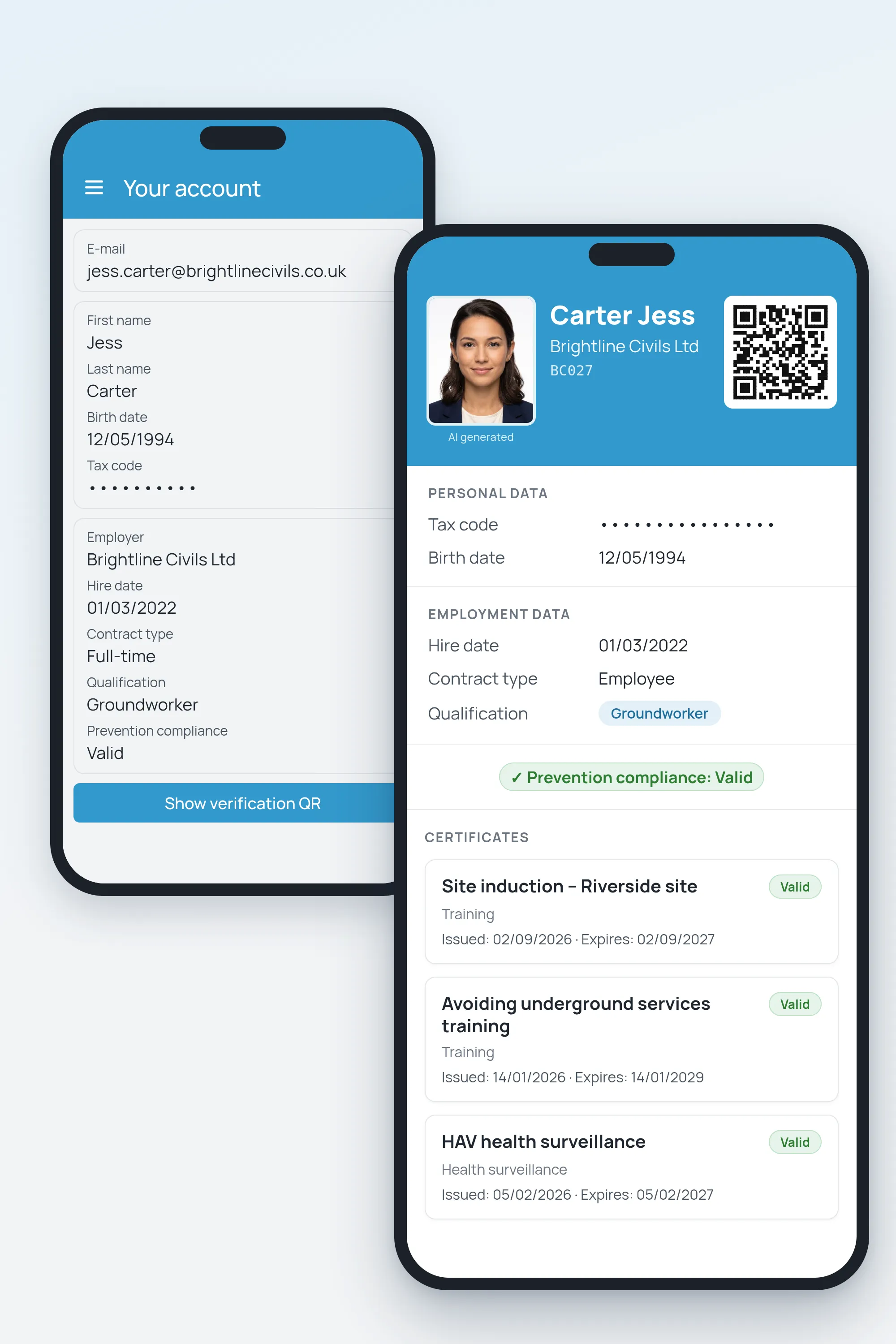 App mobile 4HSE per l'operatore del subappaltatore: dati dell'account e scheda di verifica con induzione di cantiere e certificati validi
