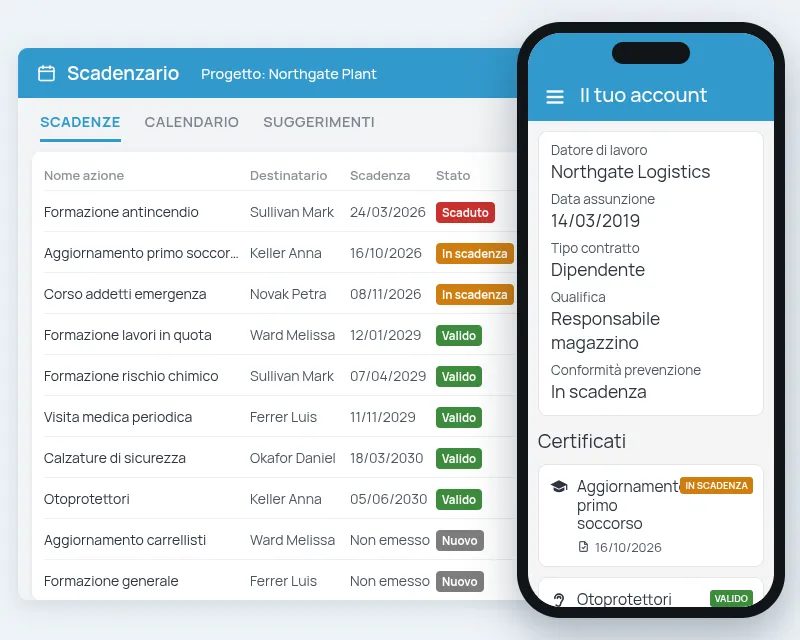 Scadenzario di 4HSE da desktop con lo stato di formazione e DPI, e scheda Il tuo account dall'app con dati del lavoratore e certificati