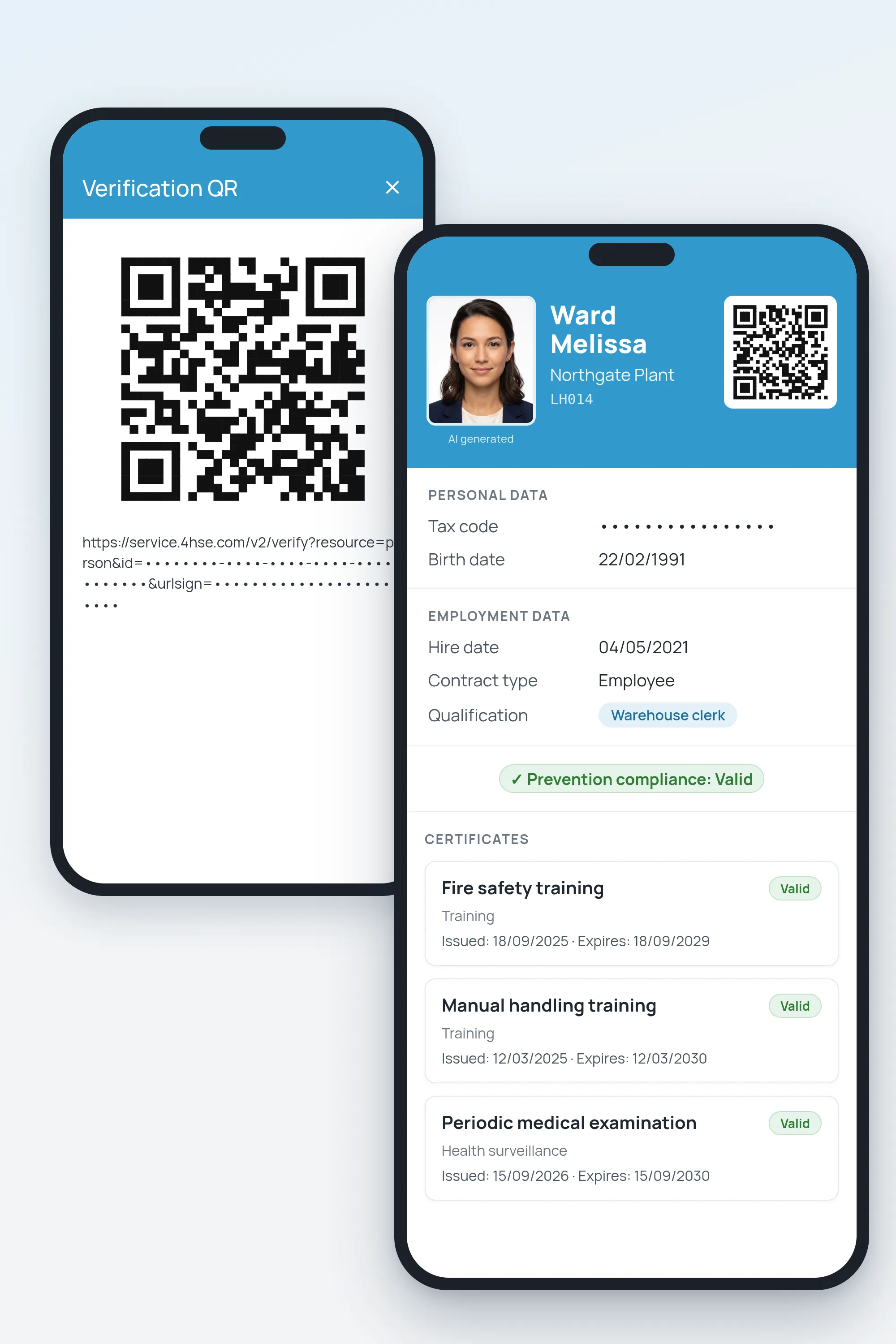 QR di verifica 4HSE da mobile e scheda del lavoratore con qualifica, conformità prevenzione e certificati di formazione validi